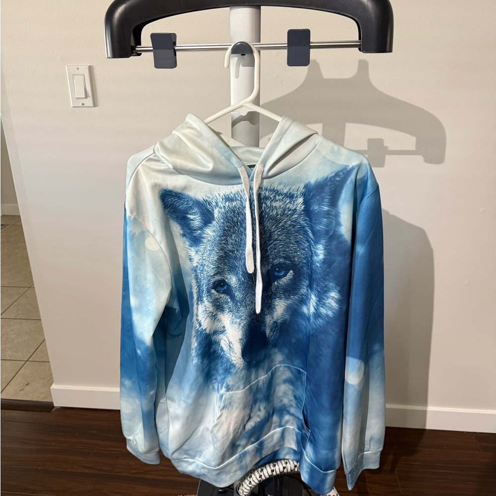 Blue Wolf Print Hoodie